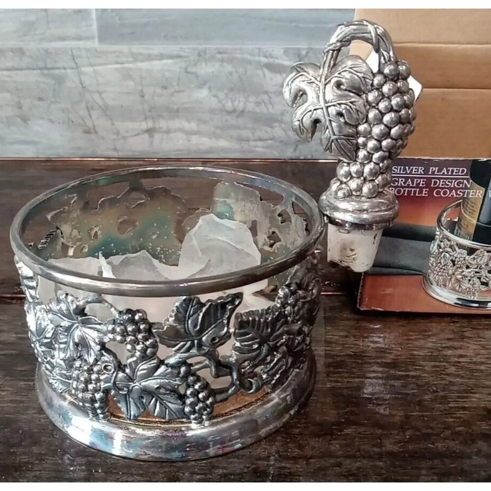 Vintage Paul Revere Silver Plated Bottle Coaster with Stopper Grape Design